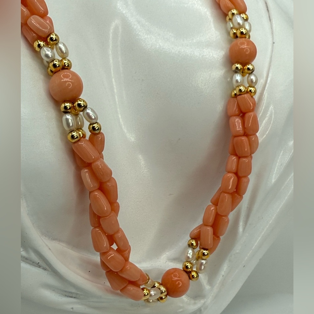 Vintage Angel Skin Coral & Freshwater Pearl 18” 3 Strand Twist Bead Gold Accents - Picture 14 of 17